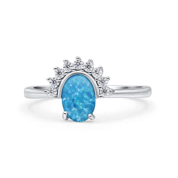 Oval Rhodium Plated Thumb Ring Statement Fashion Ring Lab Created Blue Opal 925 Sterling Silver